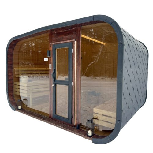 Buitencabinesauna met panoramisch glazen front