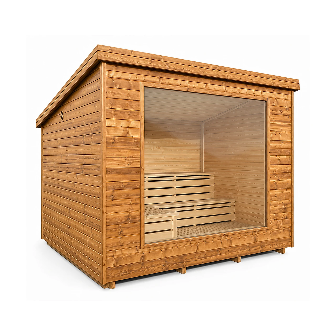 TimberIN Nordic Vista rechthoekige houten buitensauna met horizontale thermohouten bekleding, schuin dak, volledig glazen voorgevel en houten binnenbanken op witte achtergrond.