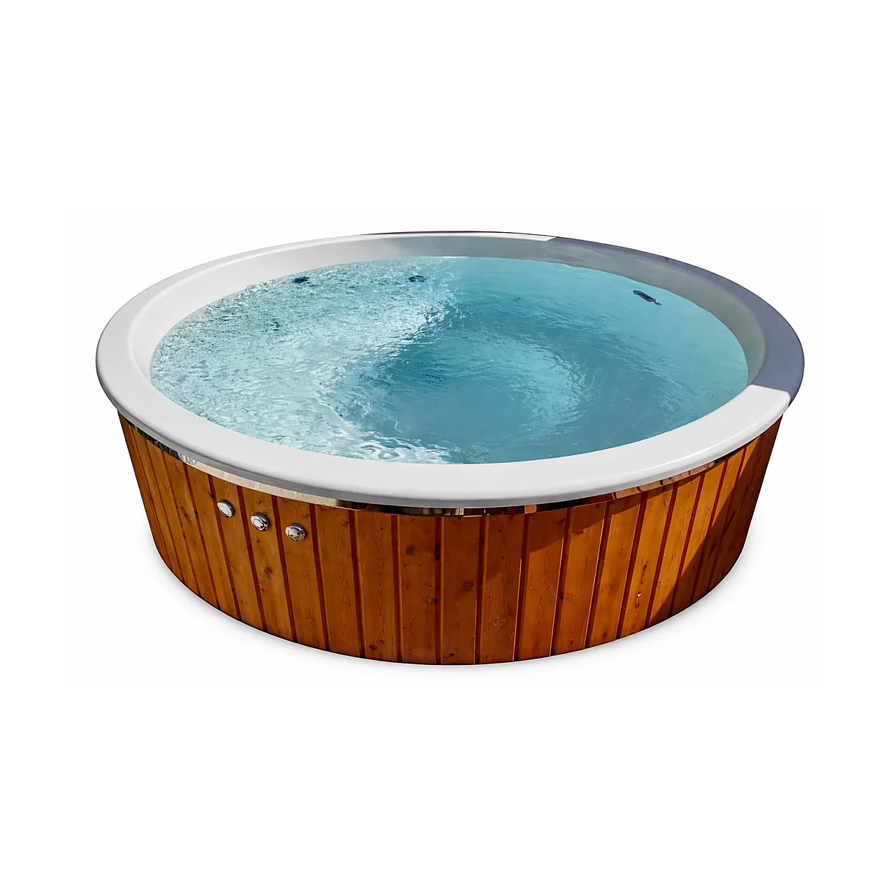 TimberIN Nordic Family Electric ronde houten hottub met witte gevormde kuip, brede witte rand, blauw bruisend water en drie ronde metalen bedieningselementen in de buitenbekleding op witte achtergrond.