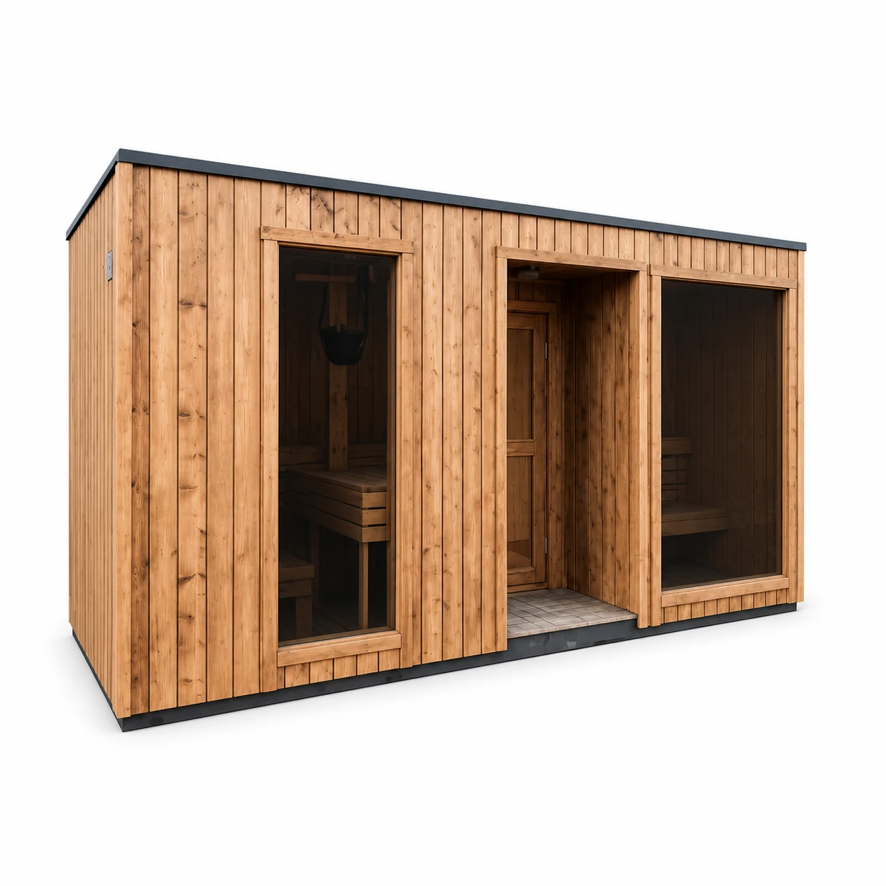 Grote rechthoekige houten buitensauna met verticale houten gevelbekleding, donker plat dak, twee hoge glazen zijramen en terugliggende open entree met houten binnendeur op witte achtergrond.