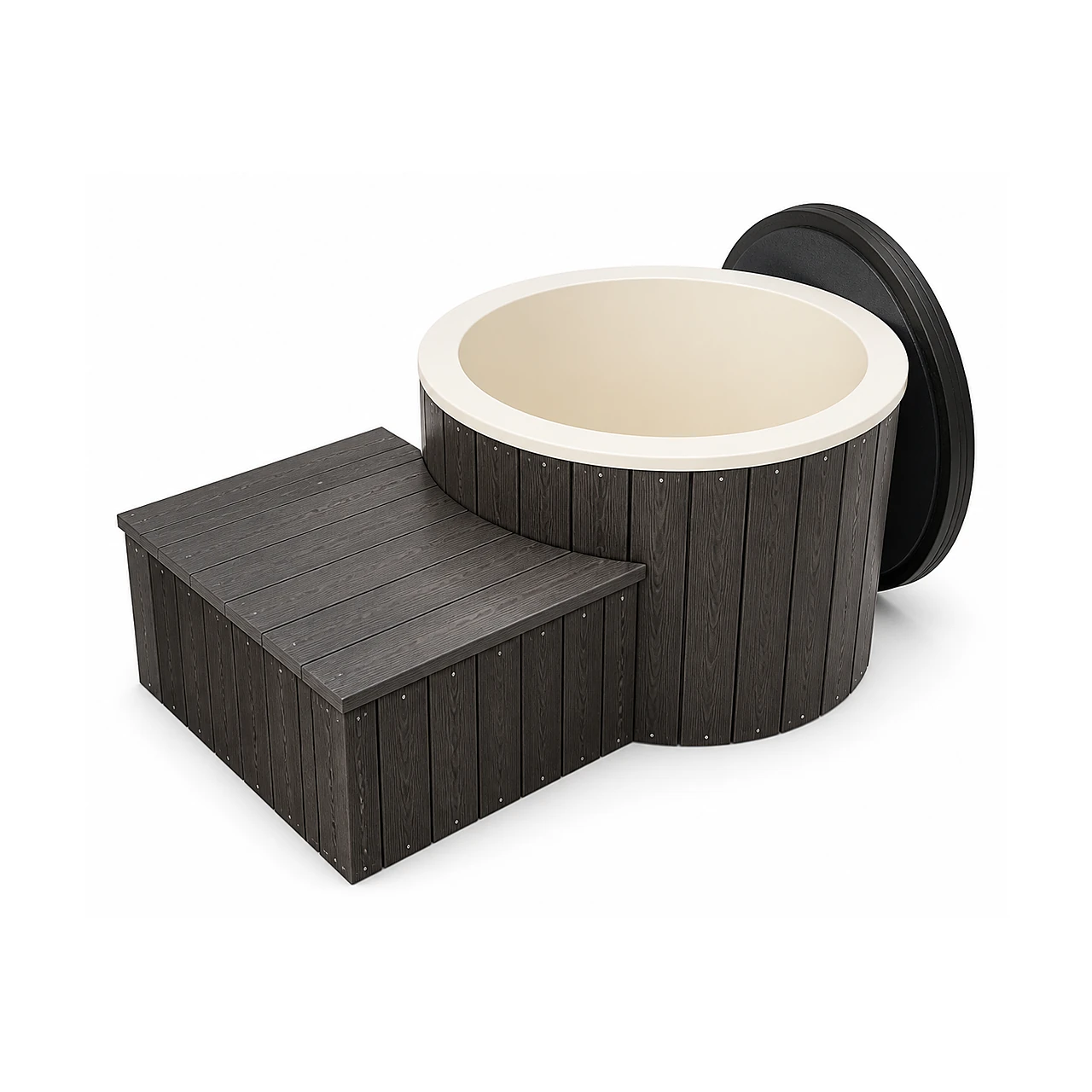 TimberIN Nordic Ice rond koudwaterbad met donkere verticale houten bekleding, crèmekleurige kuip, opstaande zwarte afdekking en groot bijpassend rechthoekig houten opstapblok op witte achtergrond.