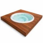 TimberIN Nordic InGround Comfort ronde ingebouwde hottub met witte kuip, lichtblauw water en massagejets in een vierkante houten terrasmodule op witte achtergrond.