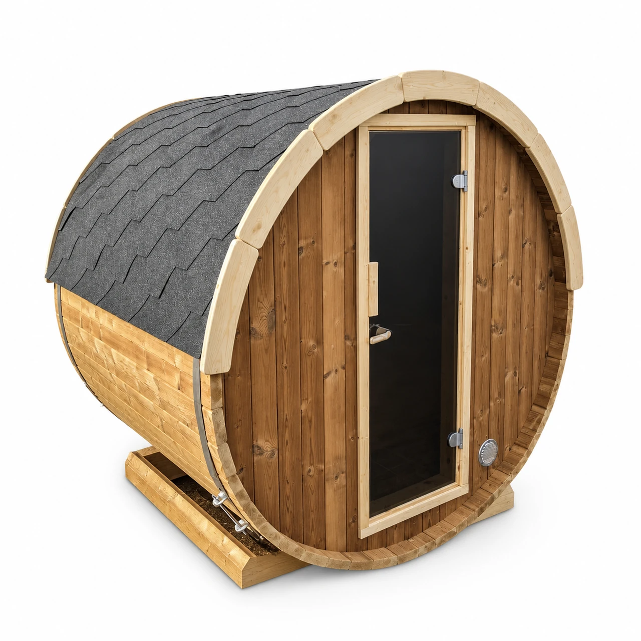 Compacte ronde houten buitensauna met donkergrijs shingledak, hoge glazen deur, licht houten deurkader, metalen spanbanden en rechthoekige houten voet op witte achtergrond.