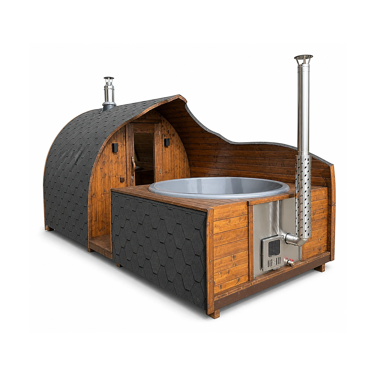 TimberIN Nordic Pod Duo gebogen podsauna met aangrenzende vierkante hottub, grijze kuip, donkere shingles, geïntegreerde roestvrijstalen houtkachel en twee schoorstenen op witte achtergrond.