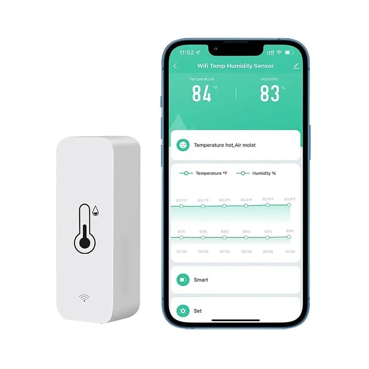 Witte draadloze TimberIN temperatuursensor met thermometer-, druppel- en wifisymbool naast een zwarte smartphone met geopende groen-witte meetapp op witte achtergrond.