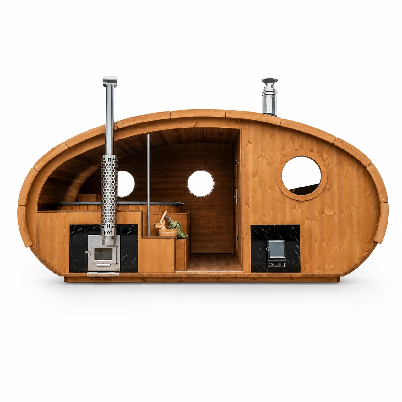 Ovale TimberIN-combinatie met houten buitensauna en hottub onder één dak