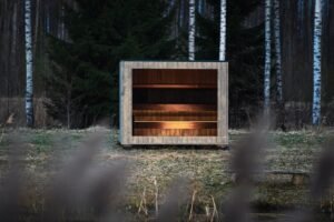 TimberIN Nordic Cube sauna met groot panoramaraam