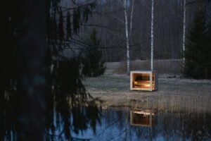 TimberIN Nordic Cube sauna in een weide