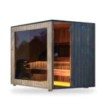 TimberIN Nordic Cube moderne buitensauna van CLT met glazen front op witte achtergrond